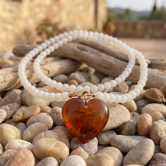 80cm Long Glass Bead Necklace For Women, 18K Gold Plated Stainless Steel Chain With Chunky Amber Brown Heart Pendant, Vintage Layering Jewelry Gift