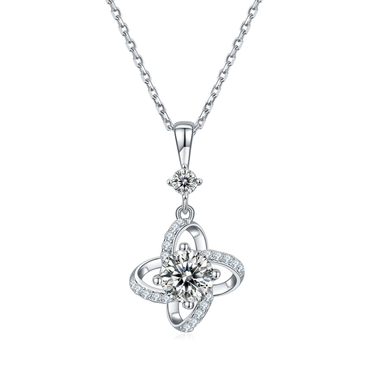 S925 Sterling Silver 4-Leaf Clover Necklace, 6.5mm Moissanite & Lab-Grown Gemstone, Platinum Plated 45cm Chain, 2.8g Women's Fine Jewelry Gift Box