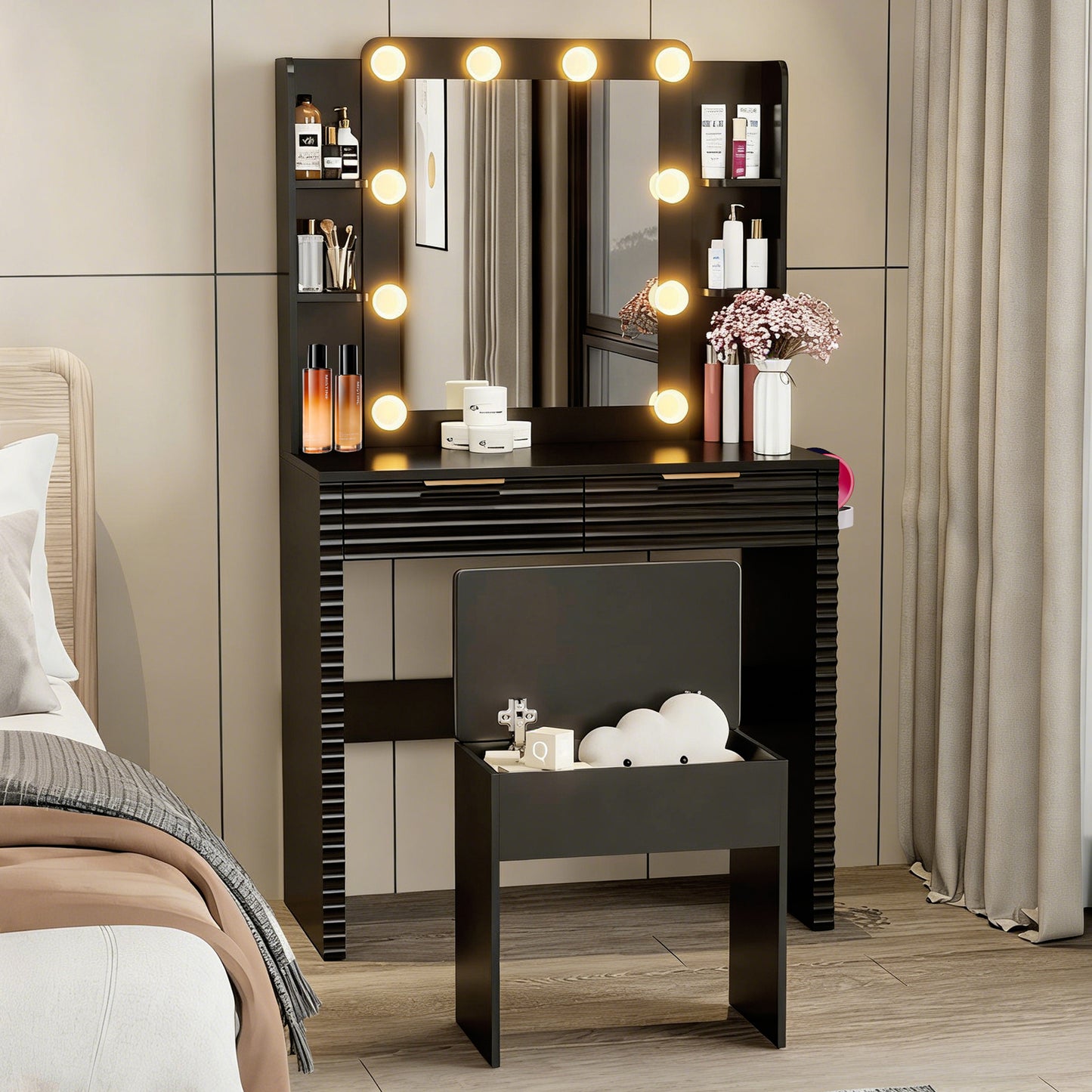 Makeup Vanity Desk With 10 Hollywood Bulbs, Fluted Dressing Table With Charging Station, 2 Drawers And 4 Open Shelves, Hairdryer Holder, Padded Stool With Storage , Black