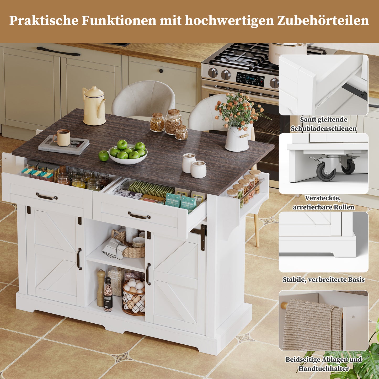 Kitchen Island With Folding Worktop, Kitchen Trolley On Wheels, Kitchen Cabinet With 2 Sliding Doors And 2 Drawers, Barn Style, White, Kitchen Storage Cabinet, 120x45 X91 Cm