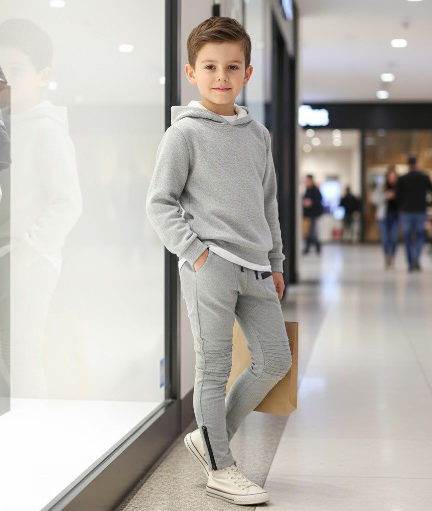 Boys Slim Fit Grey School Trousers Kids Smart Casual Pants Elastic Waist 6-12Y