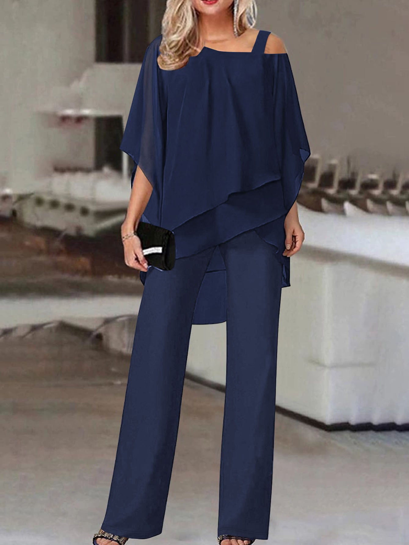 Cold Shoulder Asymmetrical Ruffle Blouse & High Waist Wide Leg Pants Set For Women Casual Elegant Two Piece Outfit Casual Office Wear