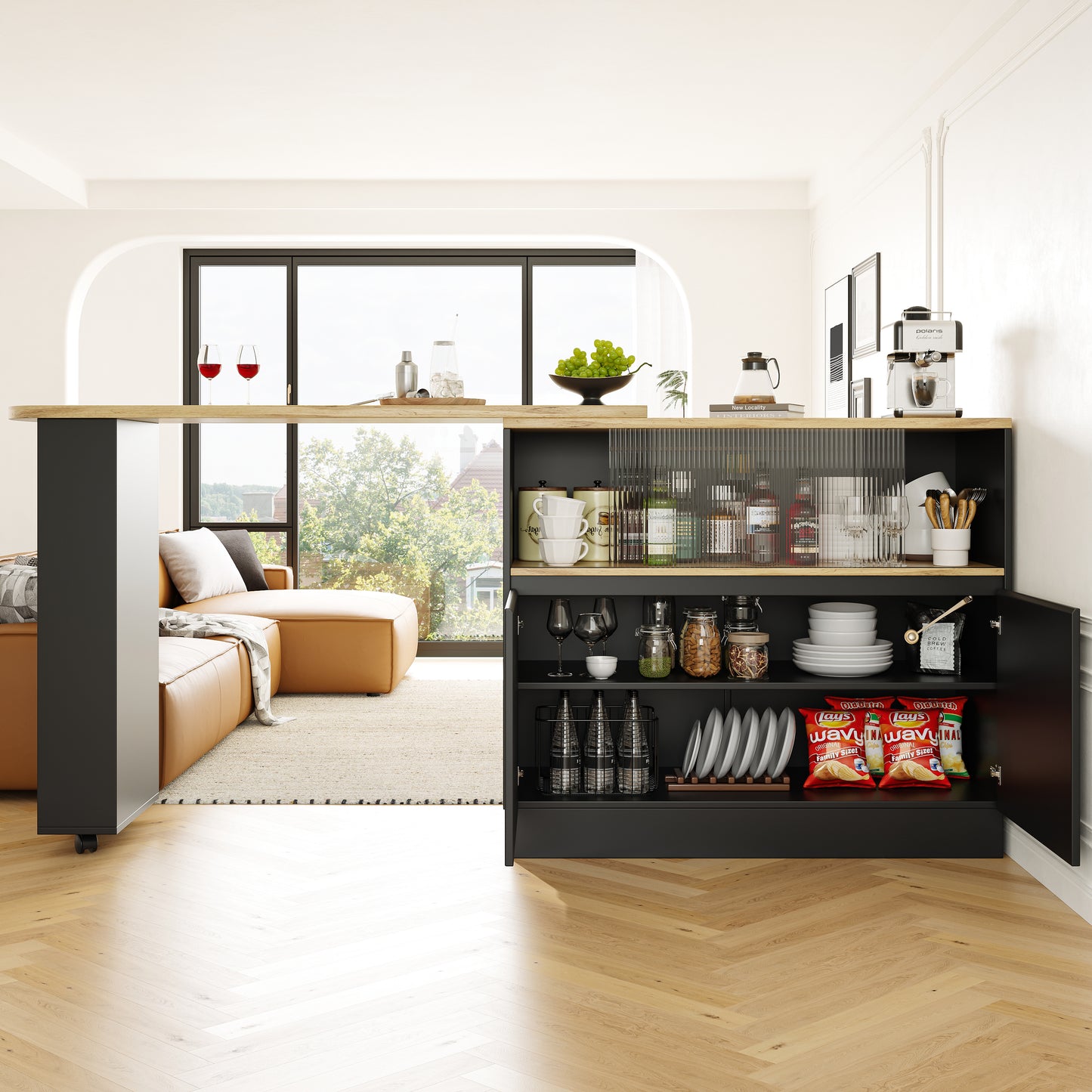 N620P20771617S 360 Rotatable Edible Bar  Main Body 90 X 45 X 100 Cm , Modern, Simple, Multifunctional, Swivel Sideboard With Shelves And Glass, Suitable For Kitchens And Restaurants