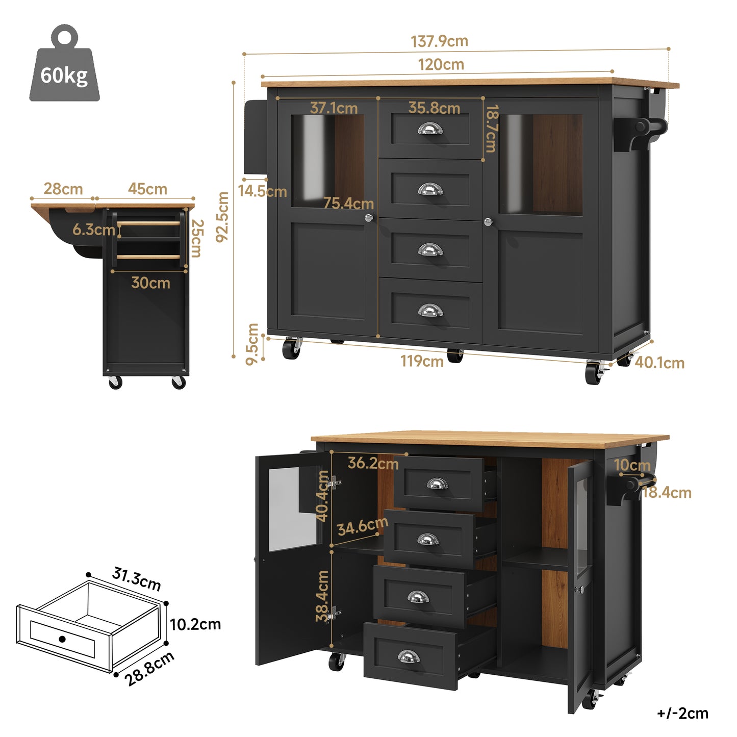 Kitchen Island, Kitchen Cabinet, Buffet Cabinet, 120x73 X93cm, Pull-Out Kitchen Cart With Wheels, Towel Rail, Spice Rack, Adjustable Shelves, Two Doors, Four Drawers, White Black