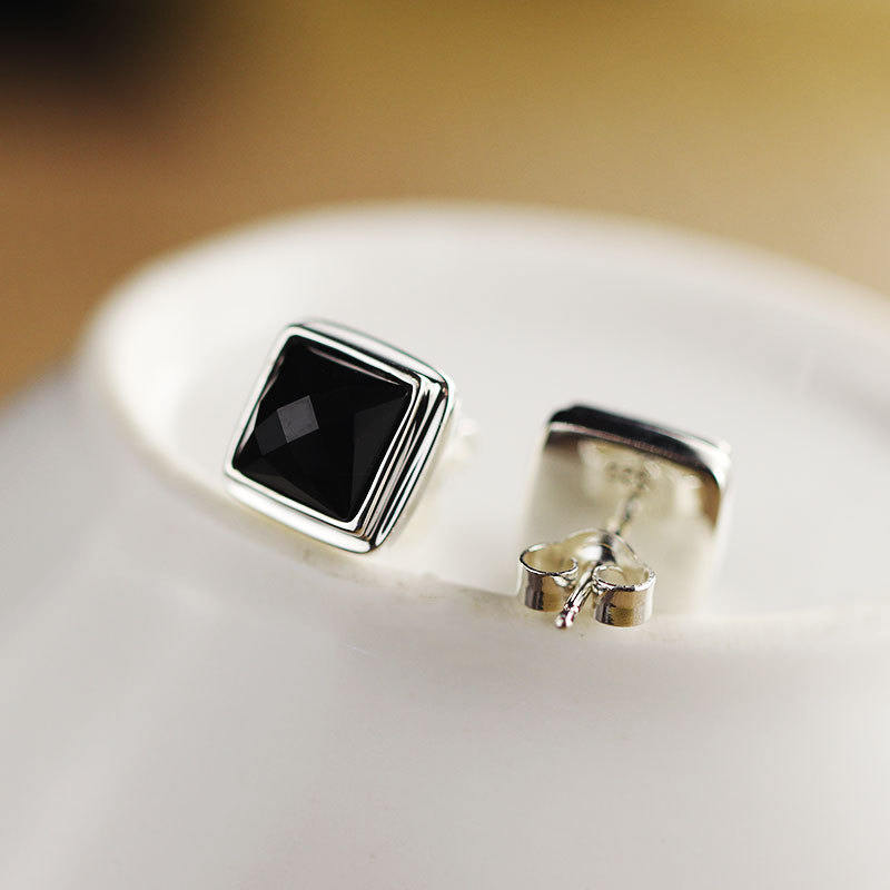 S925 Silver Accessories Cut Black Agate Stud Earrings