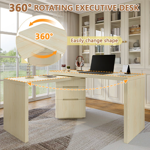 90 Modern L Shaped Desk In Natural Wood With 3 Drawers,360 Wood Rotating Desk,Executive Office Desk,Corner Desk,Office Study Workstation,for Home Office Or Living Room