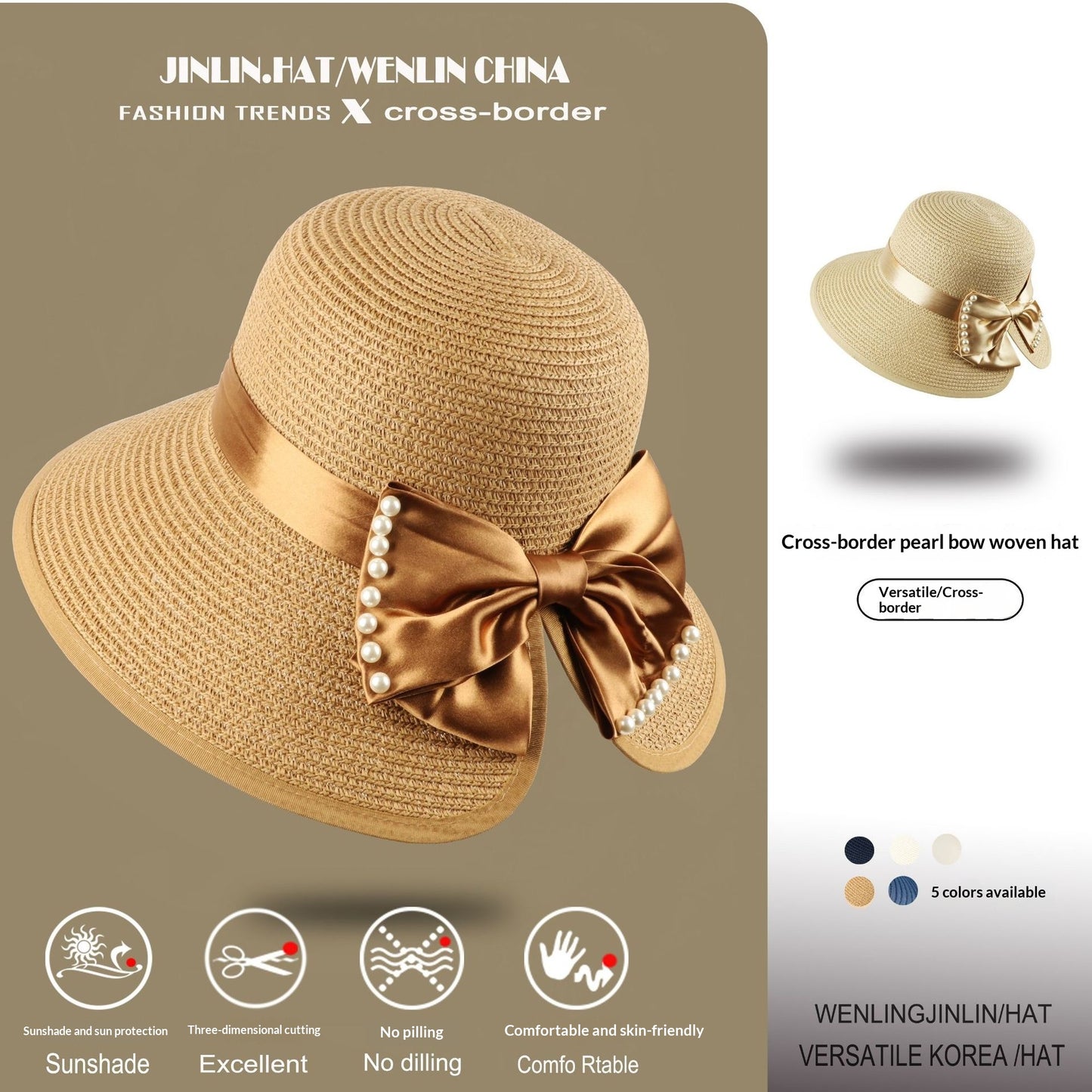 Split-front Straw Hat With Pearl Trim Korean Style Sun-protective