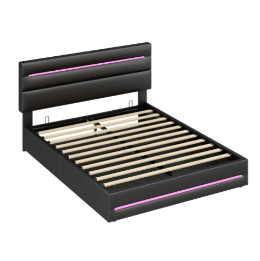 4ft6 Double Upholstered Bed Frame With Hydraulic Storage, PU Ottoman Bed With LED Lighting And Charging Station, LED Adjustable Headboard With USB And Type - C Ports, Black