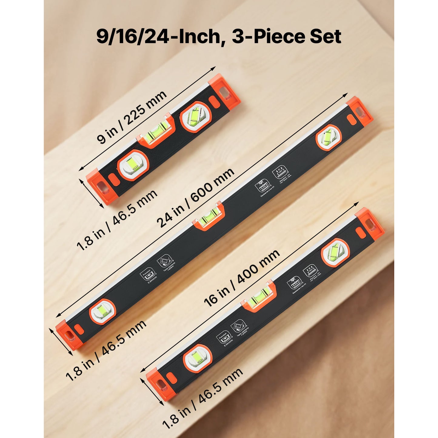 Torpedo Level, 3-Piece Included 9 16 24 In, Magnetic Leveler Tool Set Aluminum Alloy, With Clear 3 Green Vials, V-Groove, Hanging Hole, Multi-angle Measurement For Construction Home Renovation