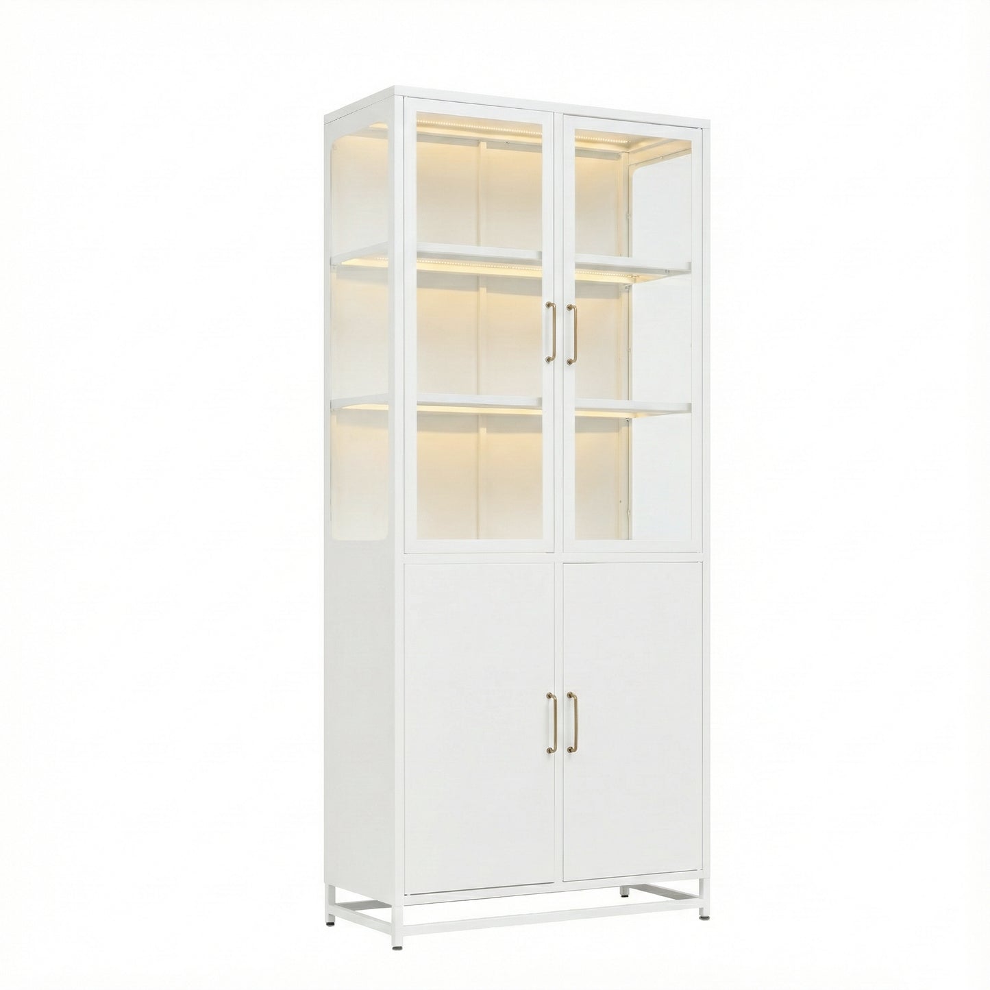 76.75  Tall Display Cabinet, With Glass Doors And LED Lights, Steel Curio Cabinet With 3-Sided Glass, Pantry Cabinet With Storage For Hallways, Livingroom Kitchen Home Decor & Office - White