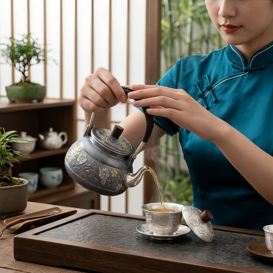 925 Sterling Silver Elegant Metallic Tea Kettle with Intricate Floral Relief and Hand-Woven Rattan Handle - Handicraft