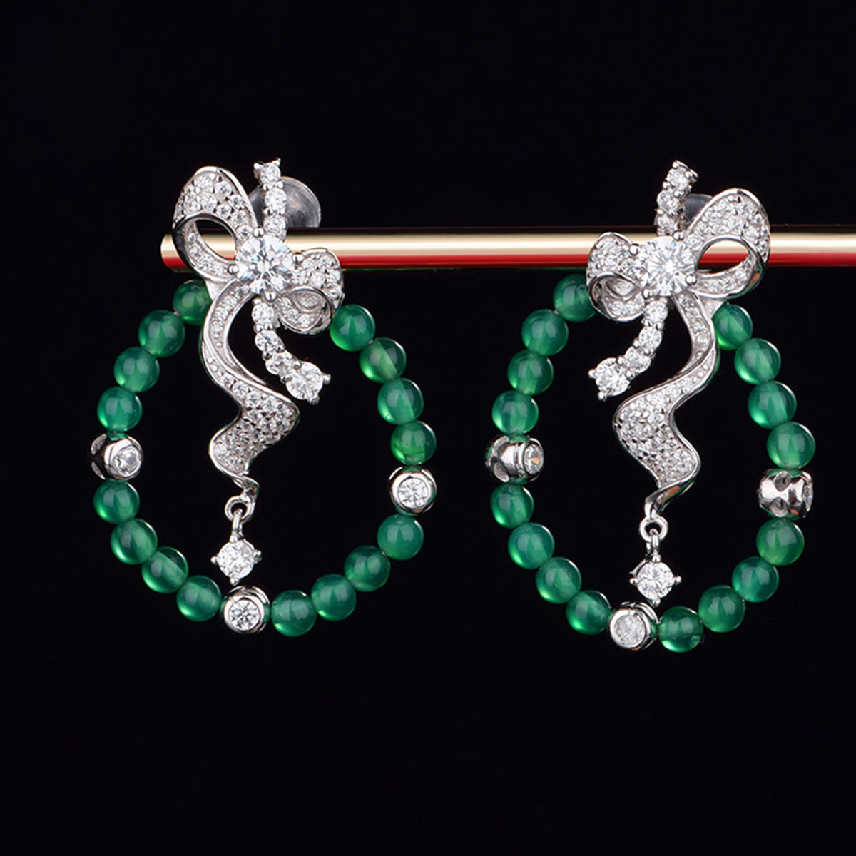S925 Sterling Silver Bow Hoop Earrings, Round Green Chrysoprase Beaded Dangle Earrings, Platinum Plated 6.4g Elegant Jewelry Gift For Women With Box