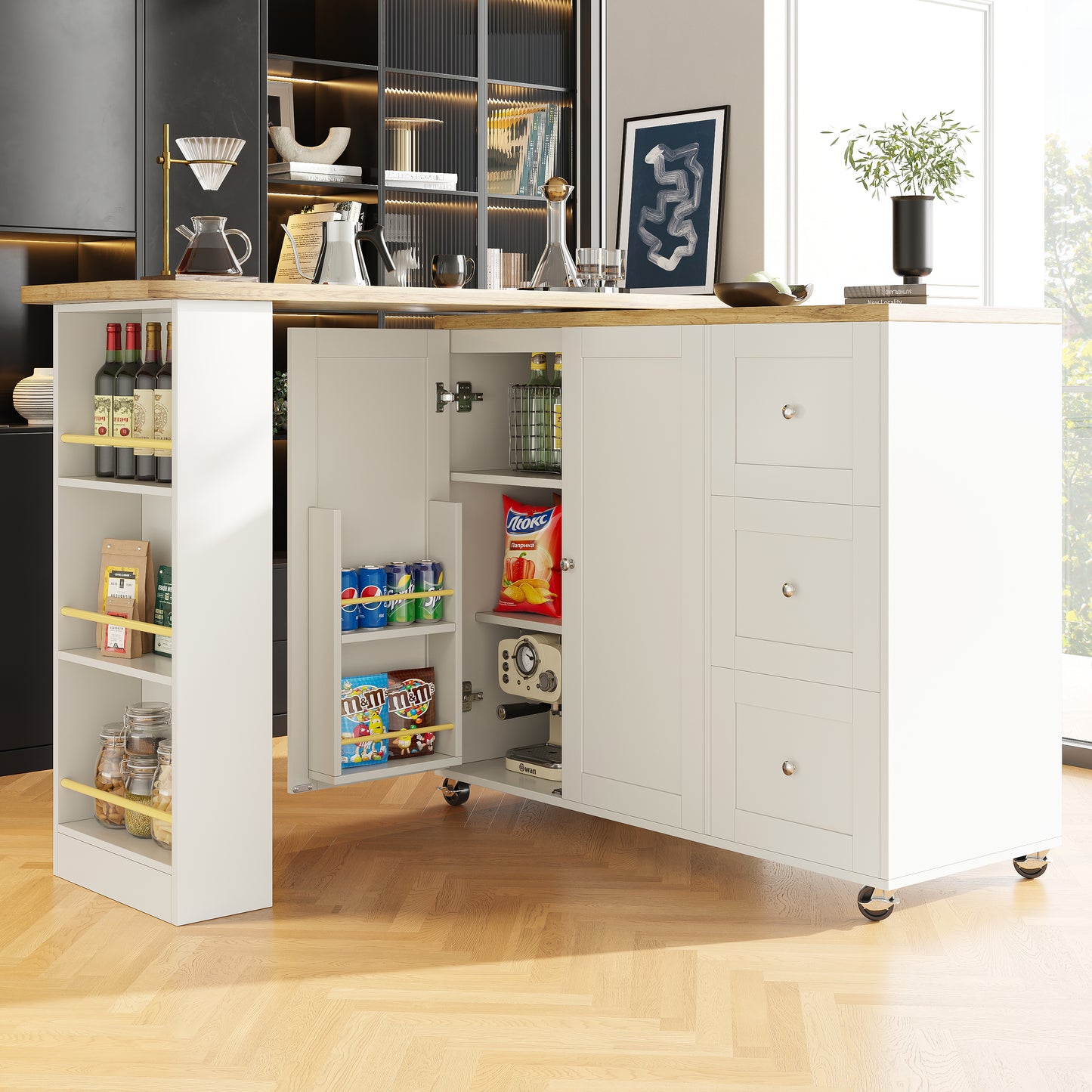 360 Swivel Bar Table  135-203 X 39 X 106cm On Wheels, White, With Three Drawers. Comes With Snack Holder. Multifunctional Storage Island, Suitable For Kitchen And Living Room.