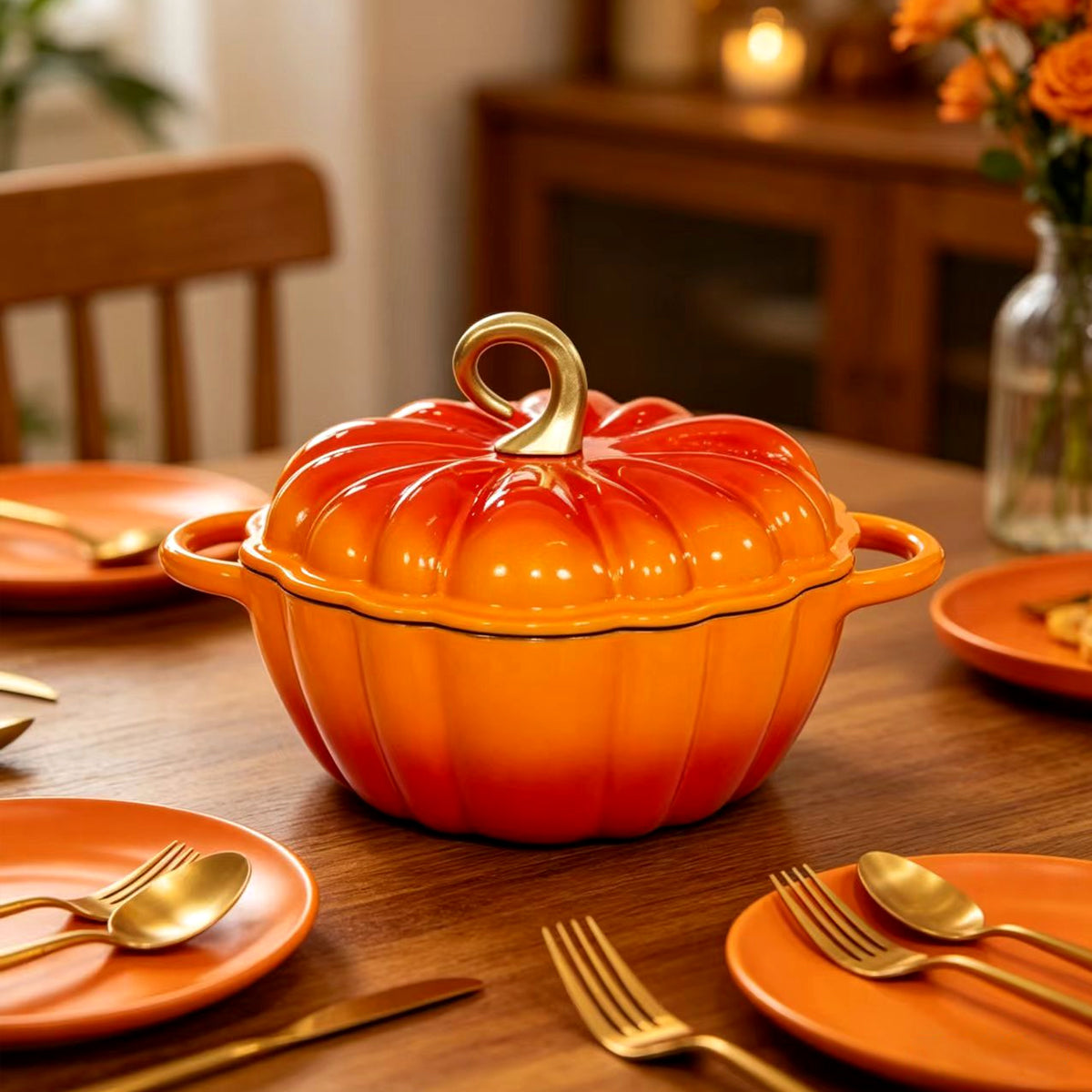 Pumpkin Enameled Cast Iron Dutch Oven With Lid, 4.5 QT Dual Handles And Heavy Duty Pot, Oven Safe Up To 500 For Bread Baking, Braising, Cooking And Family Gifts