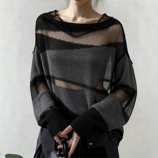 Korean-style Mesh-panel Design Relaxed-fit Blouse Long-sleeve Knit Top