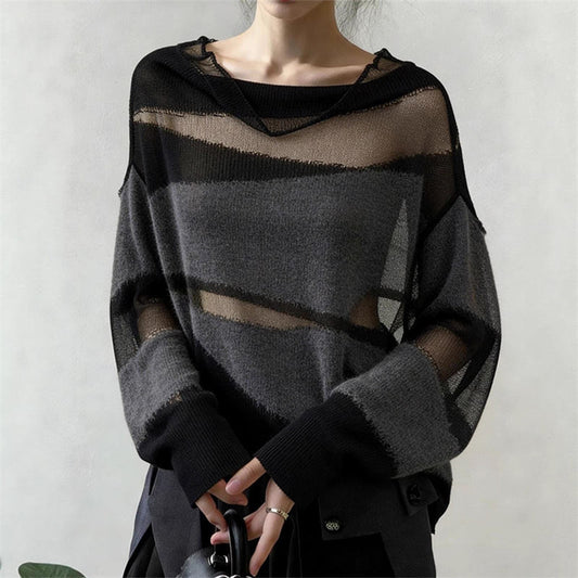 Korean-style Mesh-panel Design Relaxed-fit Blouse Long-sleeve Knit Top