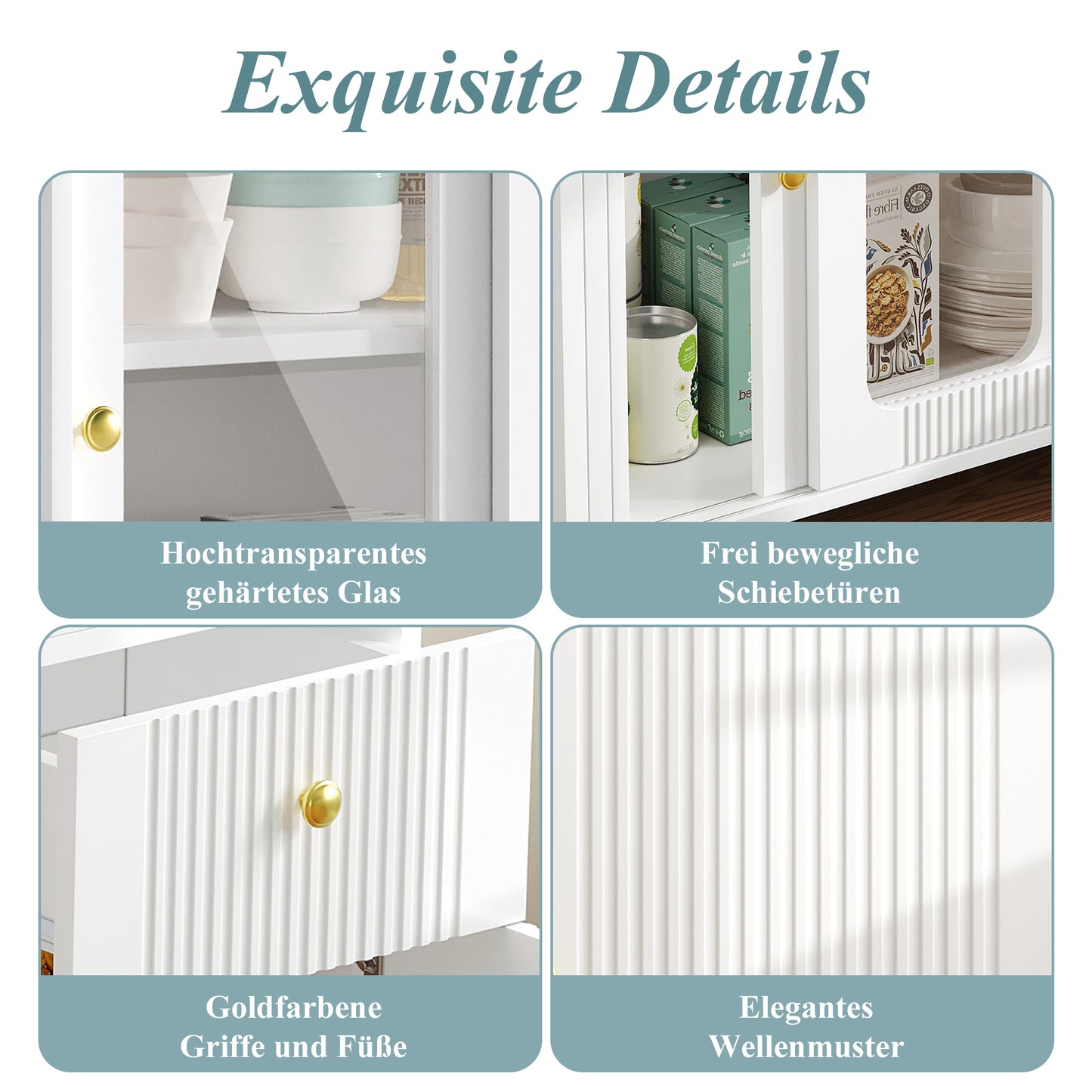 Modern White Buffet Sideboard With Folding & Extendable Table Top, Swivel Surface, Golden Metal Legs, Sliding Glass Doors & Wave Pattern - Perfect For Dining Room & Kitchen