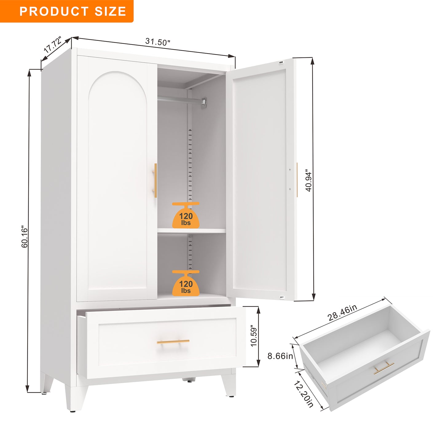 60inch Tall Metal Wardrobe Cabinet With 1 Drawer And Hanging Rod, 2 Doors Wardrobe Closet With Shelf For Bedroom, Office, Laundry Room,Entryway ,Foyer,Guesthouse White