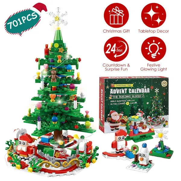 Christmas Tree Building Toy - 701 Pcs With 24-Day Countdown Calendar, 30 LED Warm Lights (USB Powered) - Santa, Ornaments, Snowflake Topper - Educational Blocks For Kids 3-6, Tabletop Decor
