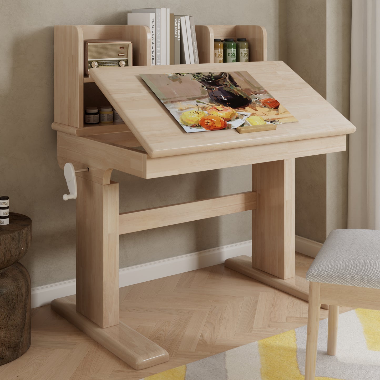 Children's Table, Height-adjustable Solid Wood Children's Desk, Foldable Tabletop 0 -43 , Storage Space, Safety Certified, For Children From 6 Years Of Age