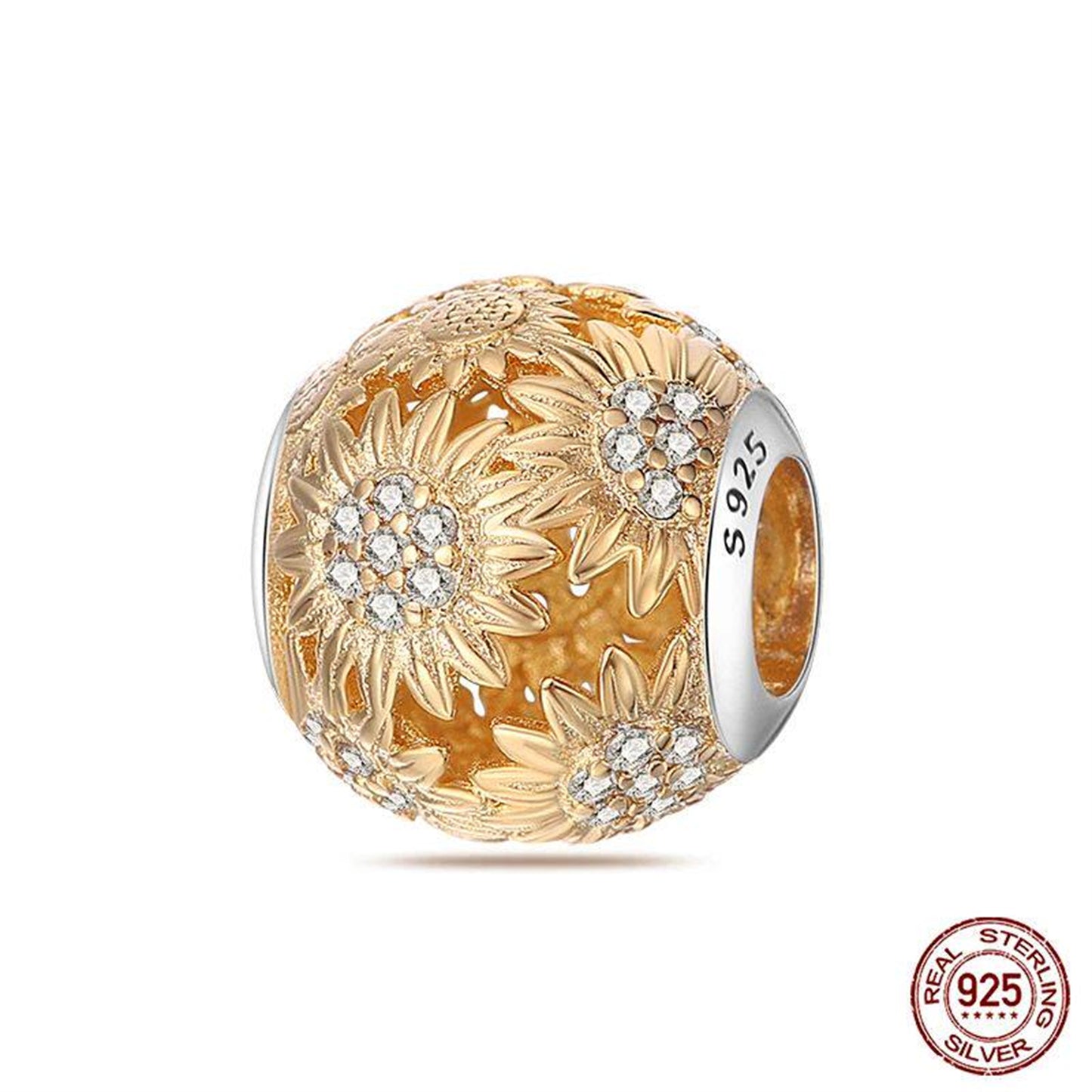 New 925 Sterling Silver Fashion Golden Sunflowers Heart