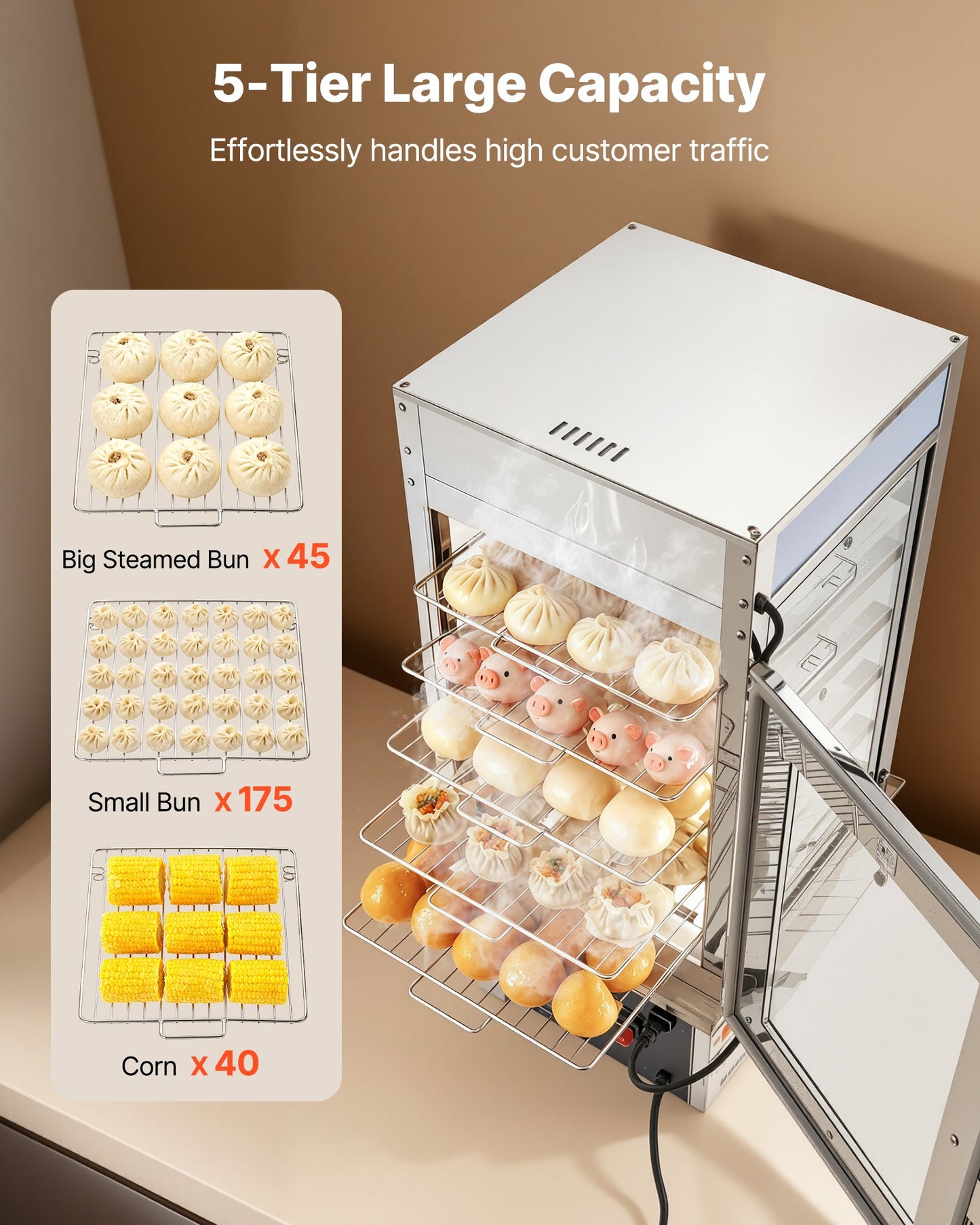 5-Tier Commercial Food Warmer Display, 1200W Food Display Warmer With LED Light, Adjustable Shelf & Stainless Steel Frame, 86℉~230℉ Steam Heating, 120L For Hamburger, Pizza, Bread, Fried Chicken