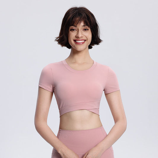 Women's Yoga Short Double-layer Hem With Chest Pad Sports Running Tight Round Neck Top