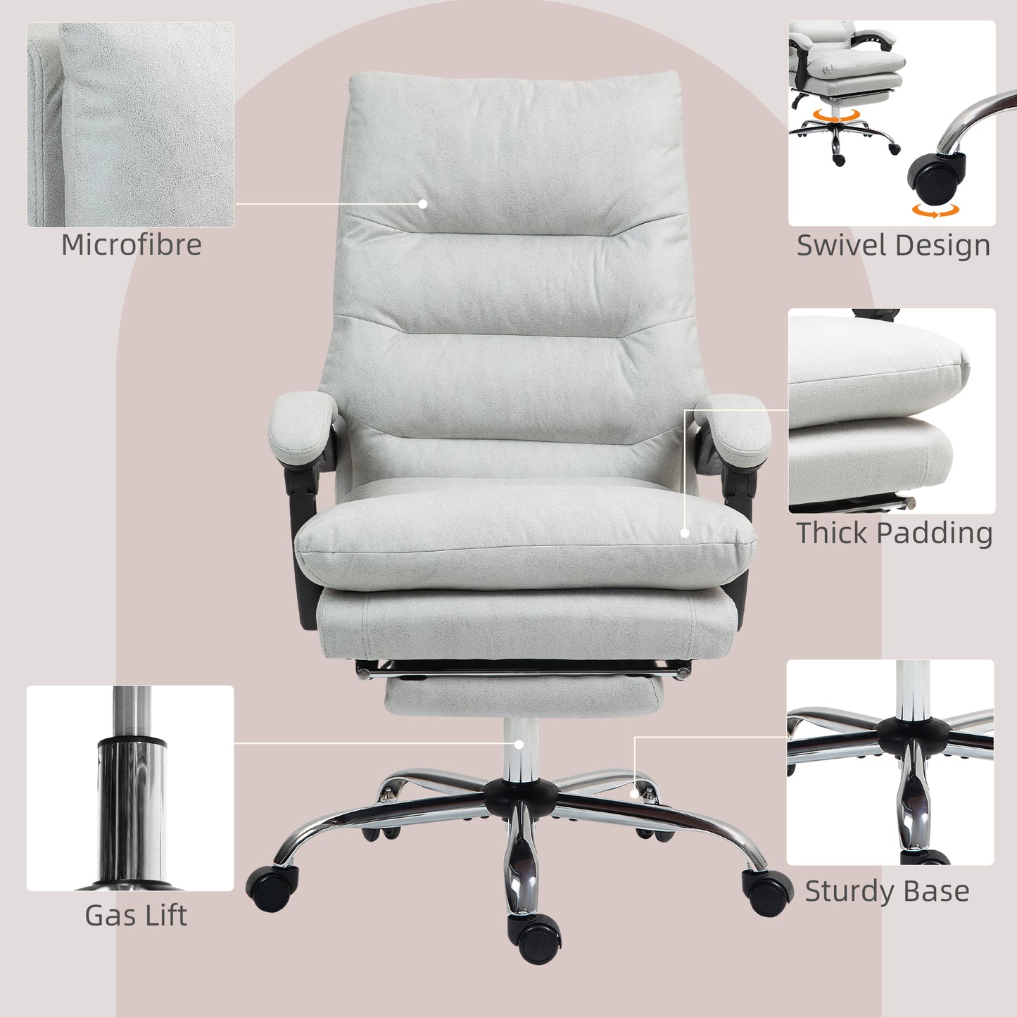 Microfibre Massage Office Chair, Heated Reclining Chair with Footrest, Double-tier Padding, Swivel Wheels, Light Gray