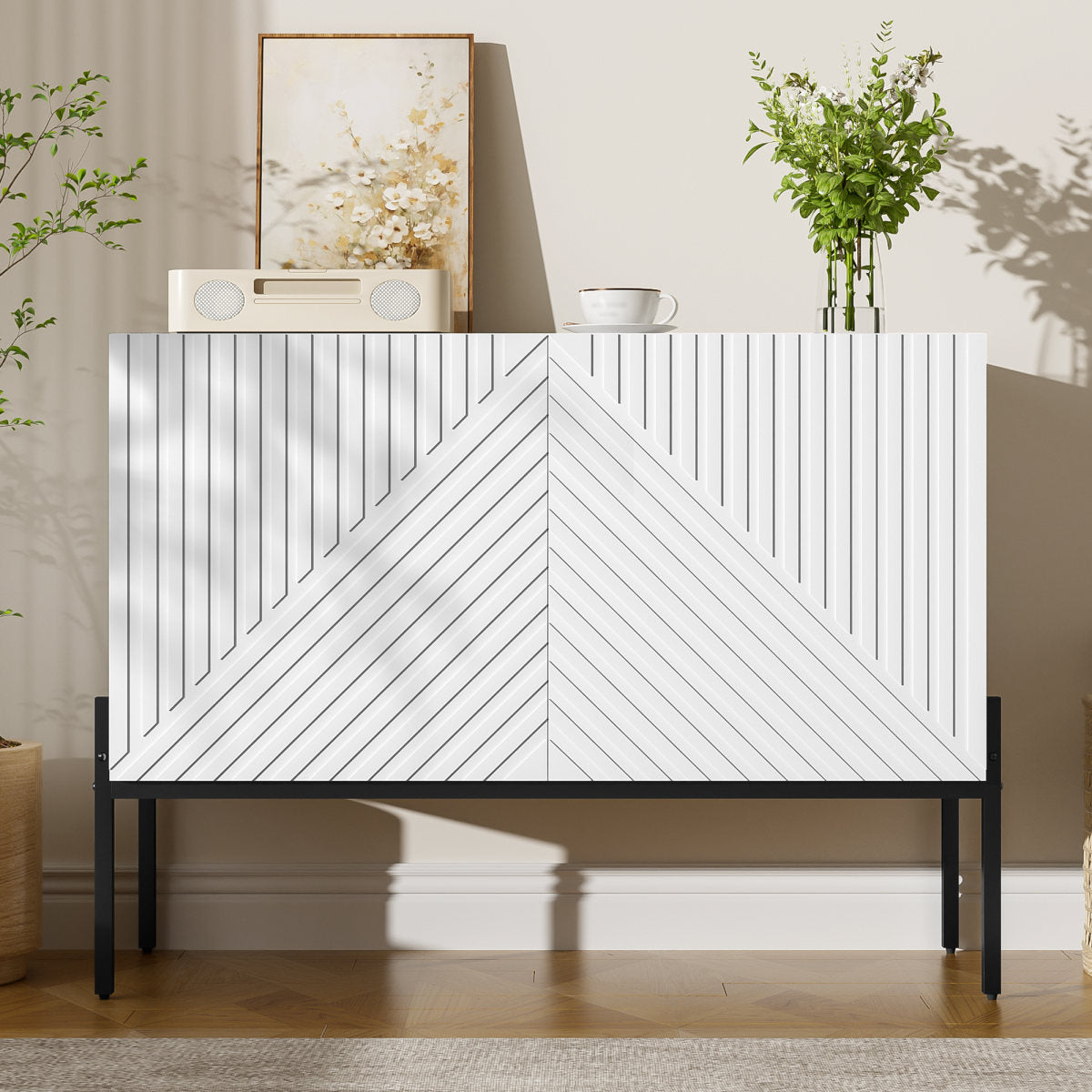 Modern Sideboard Cabinet With 2 Doors And Metal Legs, Buffet Storage Cabinet With Line Design, Accent Cabinet For Living Room, Dining Room & Entryway, 100 X 40 X 75 Cm