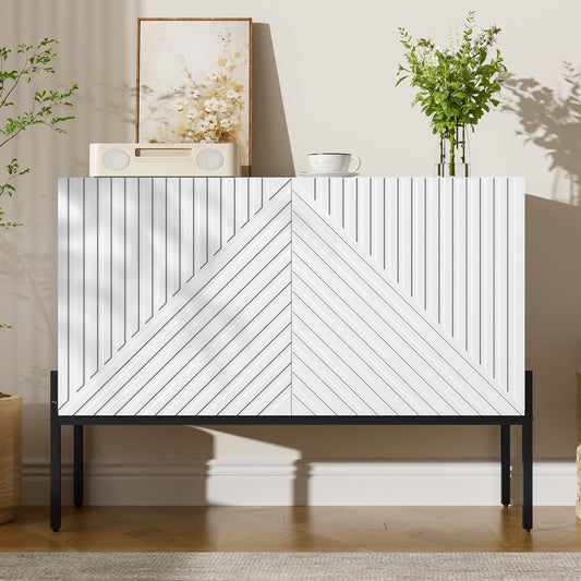 Modern Sideboard Cabinet With 2 Doors And Metal Legs, Buffet Storage Cabinet With Line Design, Accent Cabinet For Living Room, Dining Room & Entryway, 100 X 40 X 75 Cm
