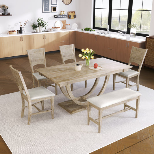 TOPMAX 6-Piece Wood Half Round Dining Table Set Kitchen Table Set With Long Bench And 4 Dining Chairs, Modern Style, Seadrift