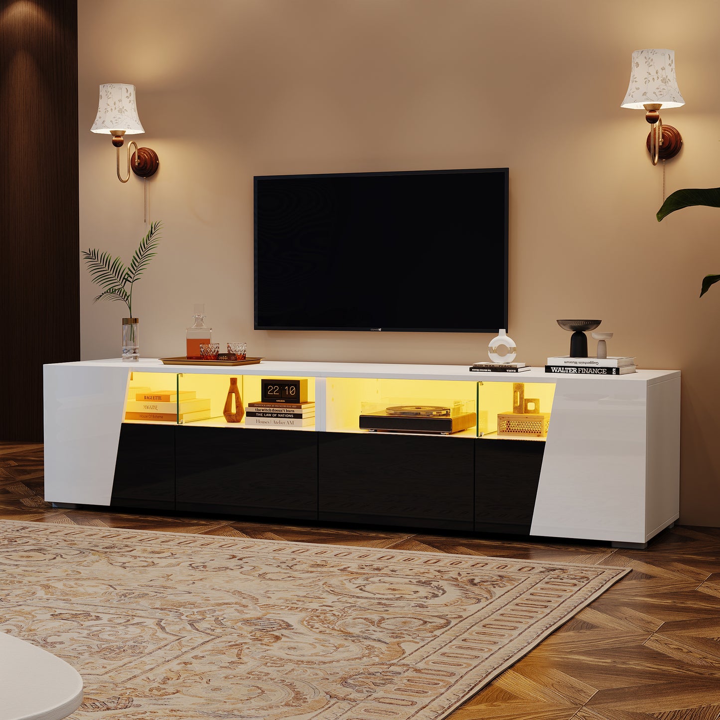 180x38.5x45cm High Gloss TV Stand, TV Cabinet With LED Lighting, Lowboard, TV Table, TV Board, TV Cabinet, 2 Drawers, 2 Wardrobes, Open Storage Bins, For 80-Inch TV, White- Black