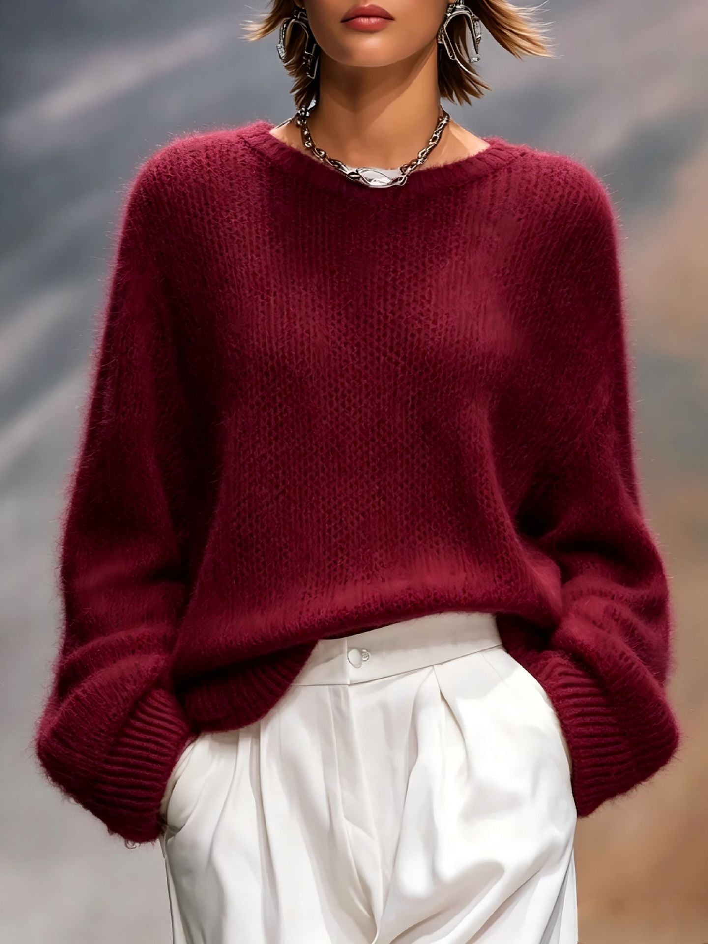 New Autumn Winter Relaxed-style Elegant Solid-color Crew-neck Loose-fit Womens Pullover