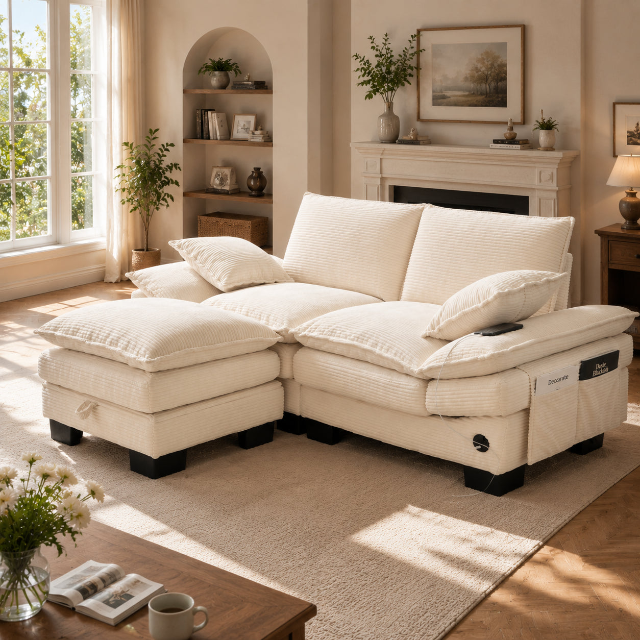 Modular 2-seater Corduroy Sofa  With Stool Wide Seat, Ergonomic Design, High-density Foam Padding, USB-C Port And Side Pockets. Ideal For Living Room, Office Or Lounge.Beige