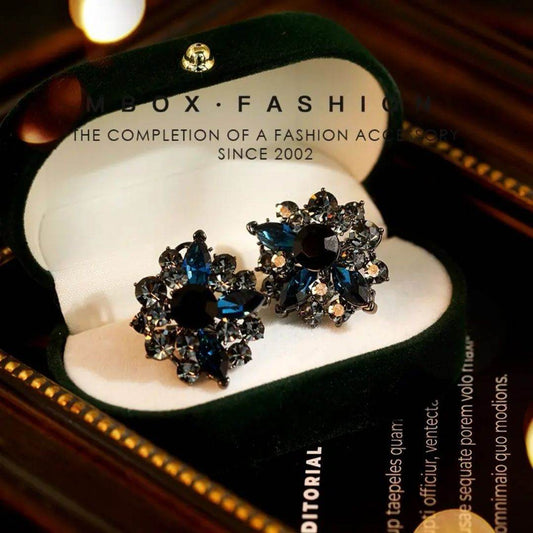 2026 New Retro High-End Grey Crystal & Blue Rhinestone Earrings, Trendy Korean Elegant Internet Celebrity Stud Ear Jewelry For Women