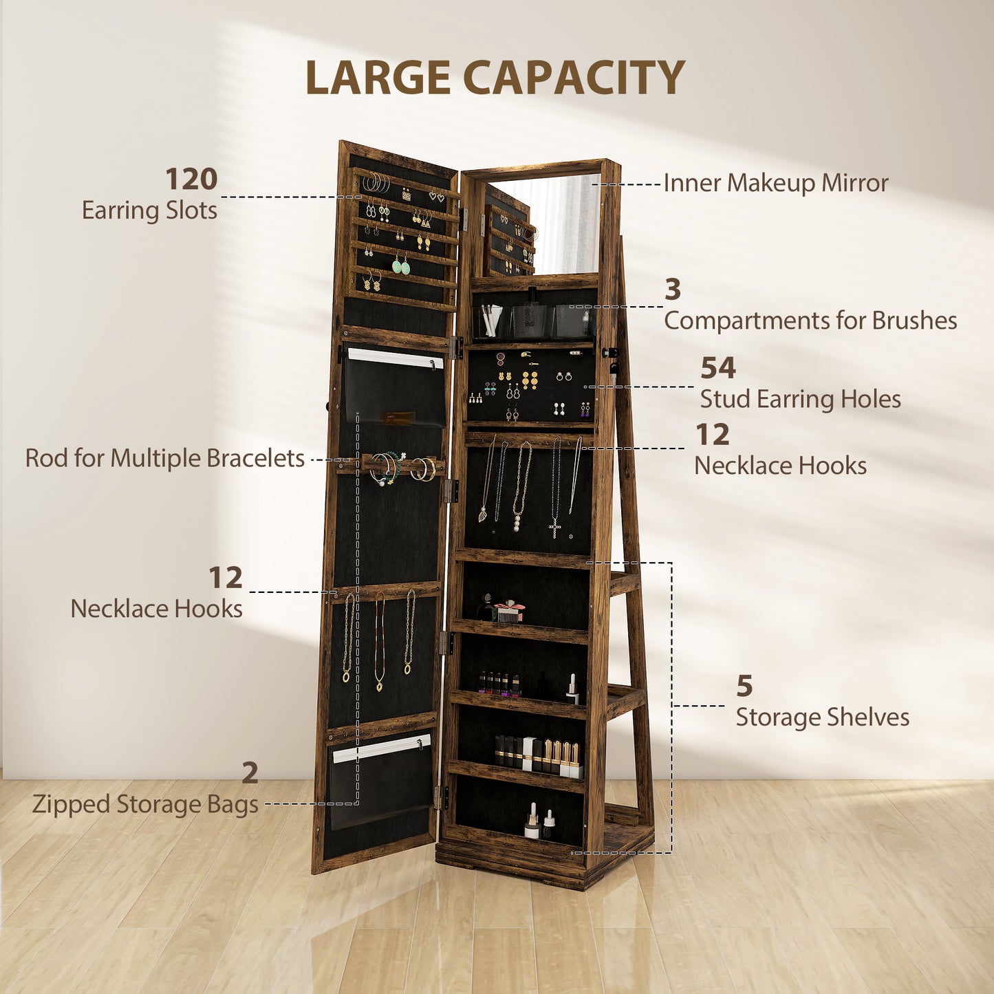 360° Swivel Jewellery Cabinet, Free Standing Full Length Mirror With Storage, Lockable Jewellery Organiser With Built-in Makeup Mirror And Storage Shelves For Bedroom, Rustic Brown