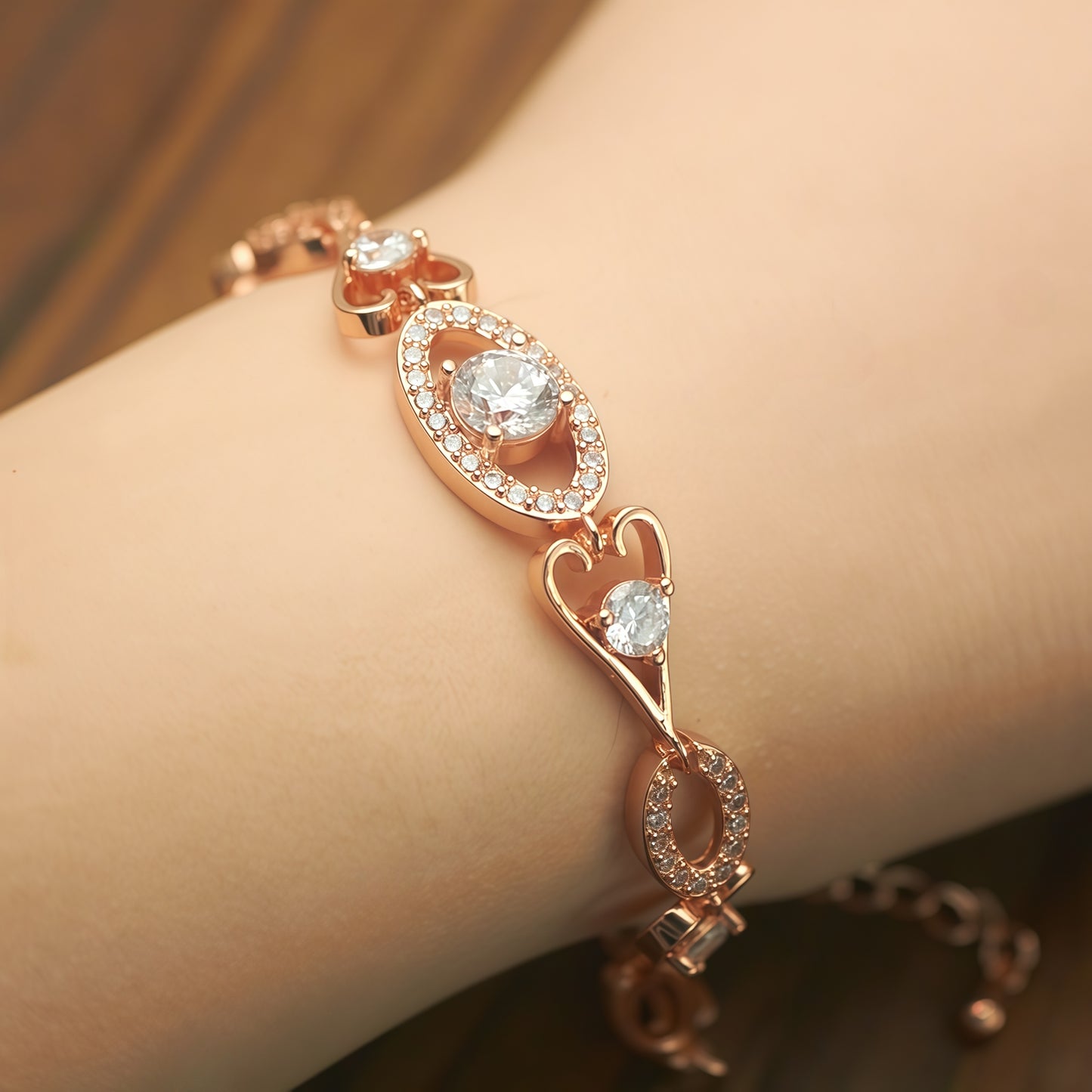 Rose Gold Heart & Oval Halo CZ Link Bracelet For Women, Copper Plated Silver Butterfly Decor Adjustable Extension Chain Dainty Wedding Party Crystal Jewelry Gift