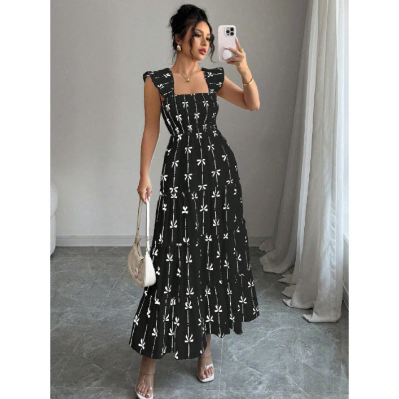 Korean-chic Summer Dress Soft Youthful Square Neckline With A Bow Tie Cinched Waist For A Slimming Effect
