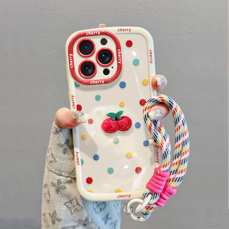 Phone Case With Lanyard Premium Feel Colorful Polka Dots And Cherries