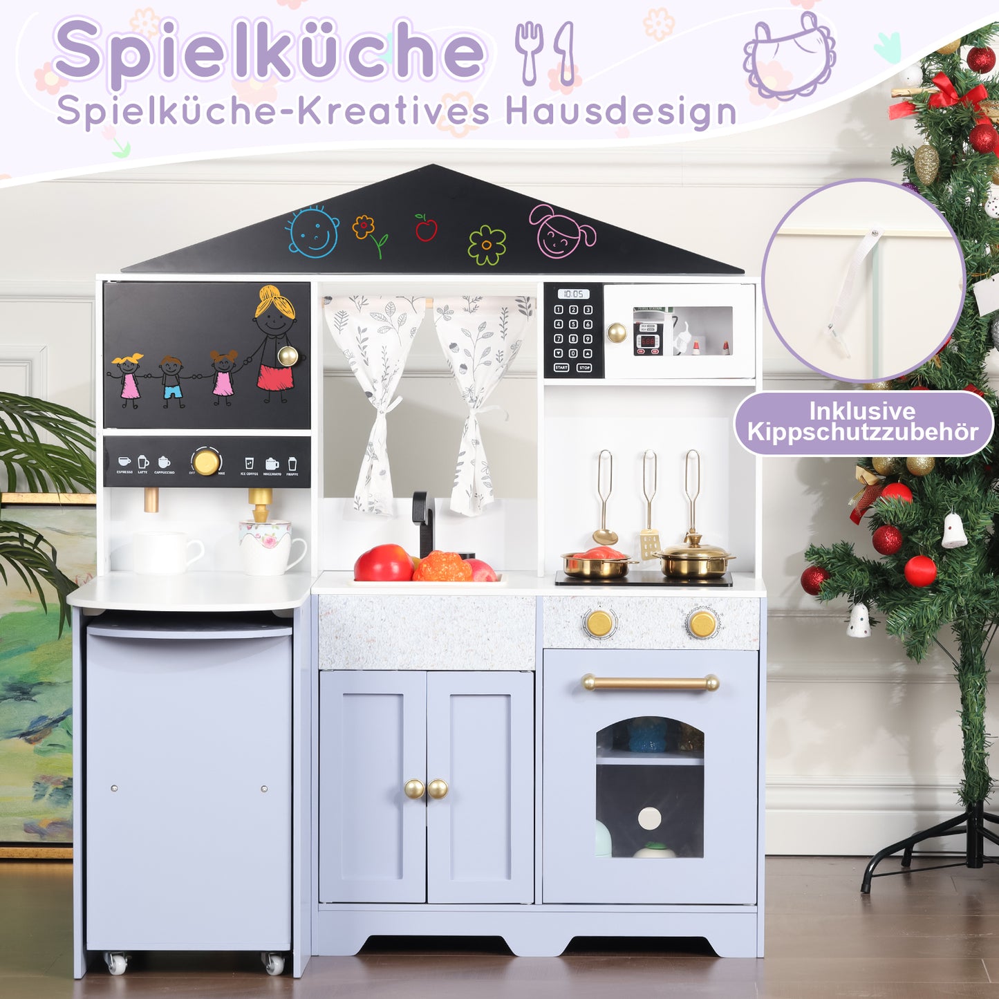 Children's Kitchen, Play Kitchen - Creative House Design, Accessories And Surprise Effects, Suitable For Children Aged 3 And Up, Wood  Plastic, White  Purple, 60x90x105cm