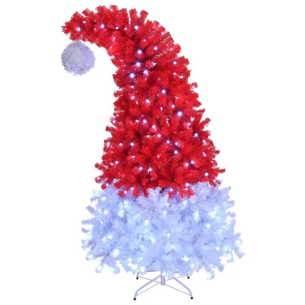 6 FT Santa Hat Style Pre-lit Christmas Tree, Hinged Artificial Xmas Tree Pine Tree With 300 Lights, 1050 Branch Tips For Holiday Party Store Office Home, Red & White