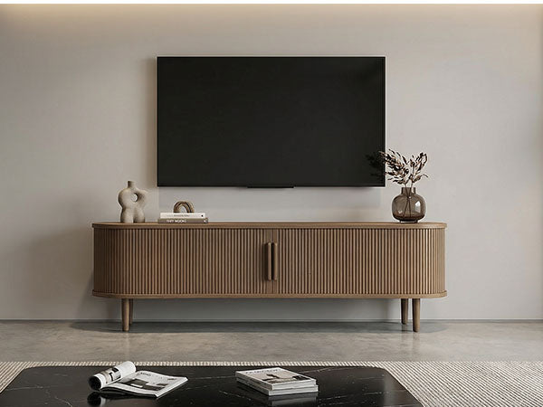 63in Fluted TV Stand Modern Media Console Table Entertainment Center With Sliding Door And Solid Wood Legs For Living Room Bedroom Office