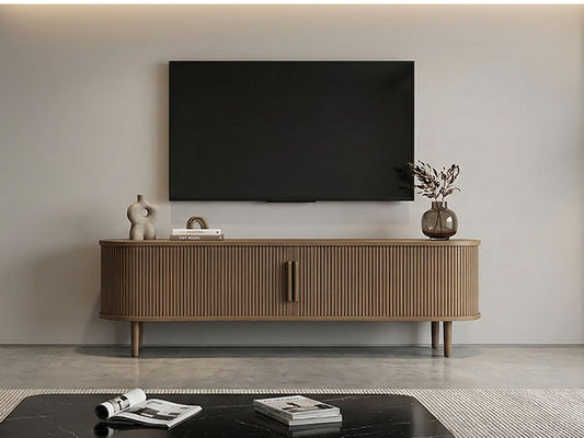 63in Fluted TV Stand Modern Media Console Table Entertainment Center With Sliding Door And Solid Wood Legs For Living Room Bedroom Office