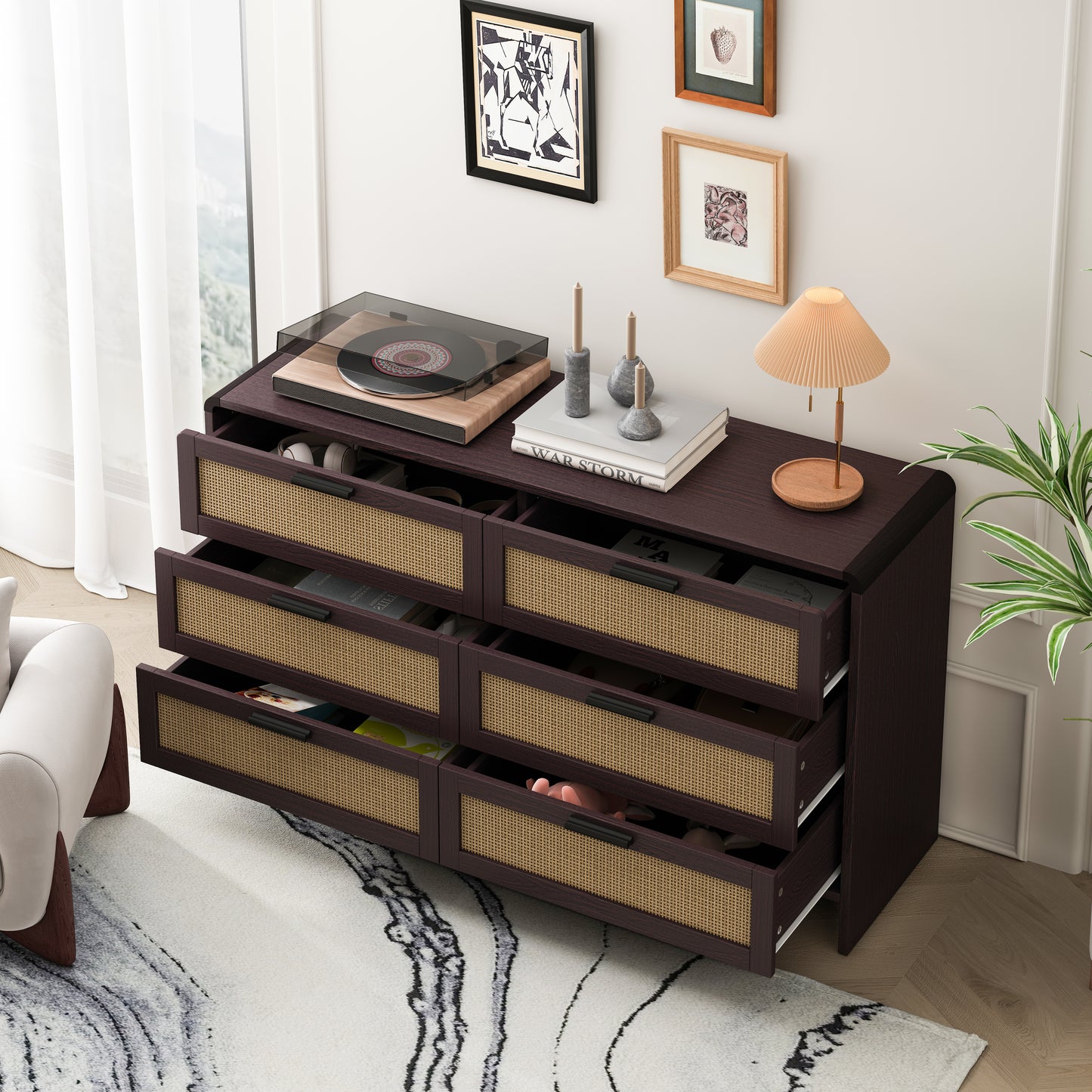 130CM  Shaped Corner Rattan Cabinet, 6-Drawers Rattan Storage Cabinet Rattan Drawer, For Living Room Bedroom,and Kitchen, Reddish-brown, Brown
