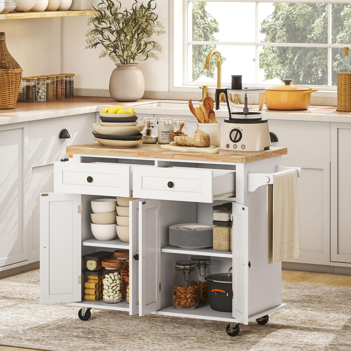 44" Mobile Kitchen Island Table, Kitchen Island Cart on Wheels with Storage Cabinets, 2 Drawers, White