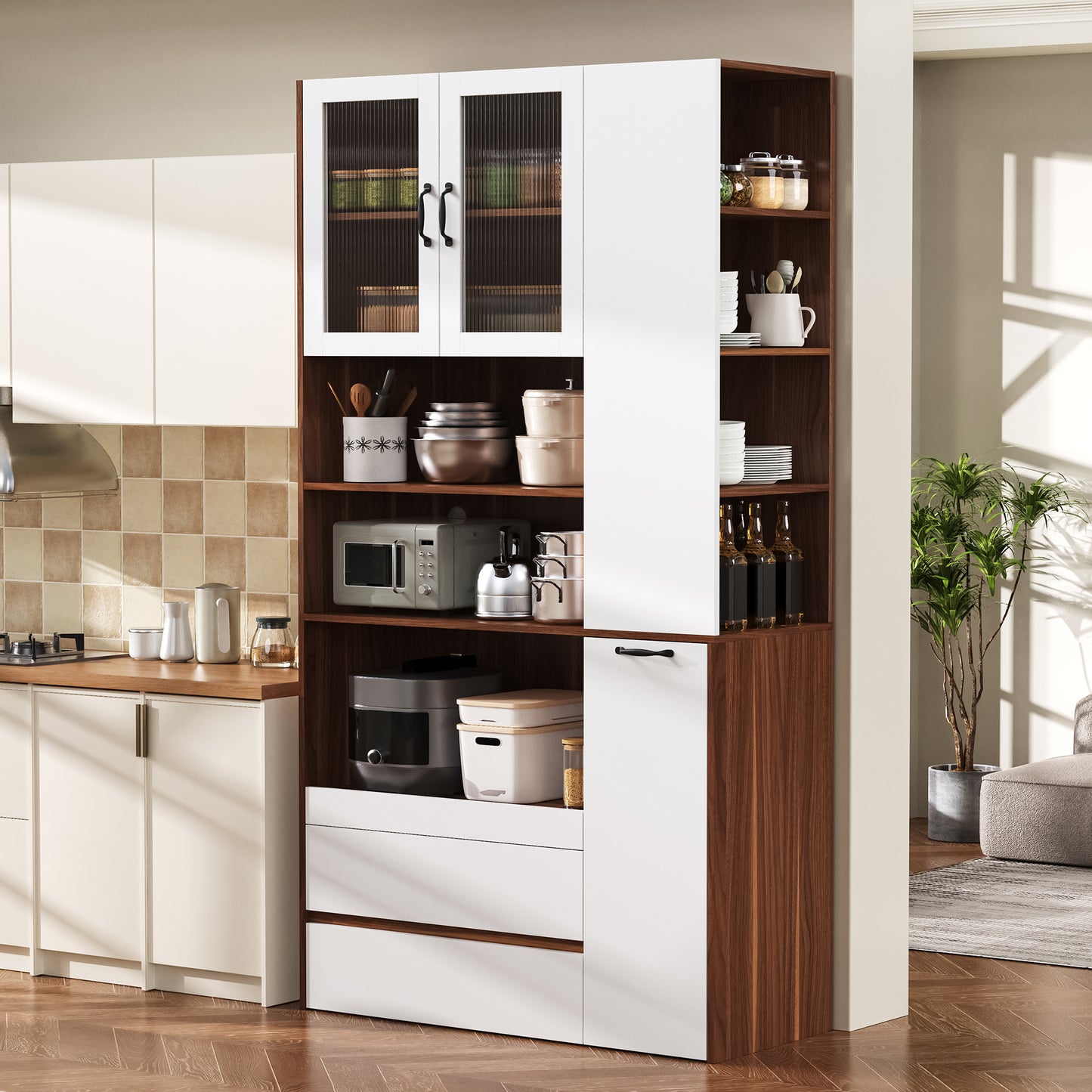 Highboard With Adjustable Shelves And Drawers, Buffet Cabinet With Pull-out Shelves And Checkered Glass, Ideal For Dining Room, Living Room And Kitchen  White Walnut