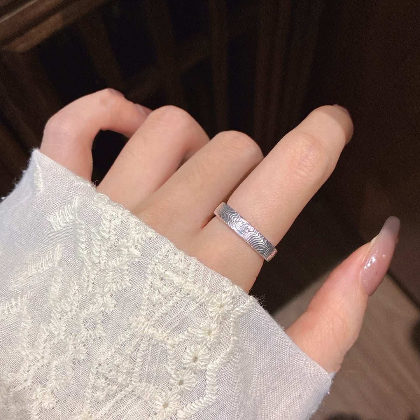 Set Of 2 999 Sterling Silver Engraved Fingerprint Rings, Elegant Sentimental Style, Ideal For Anniversaries & Wedding Gifts