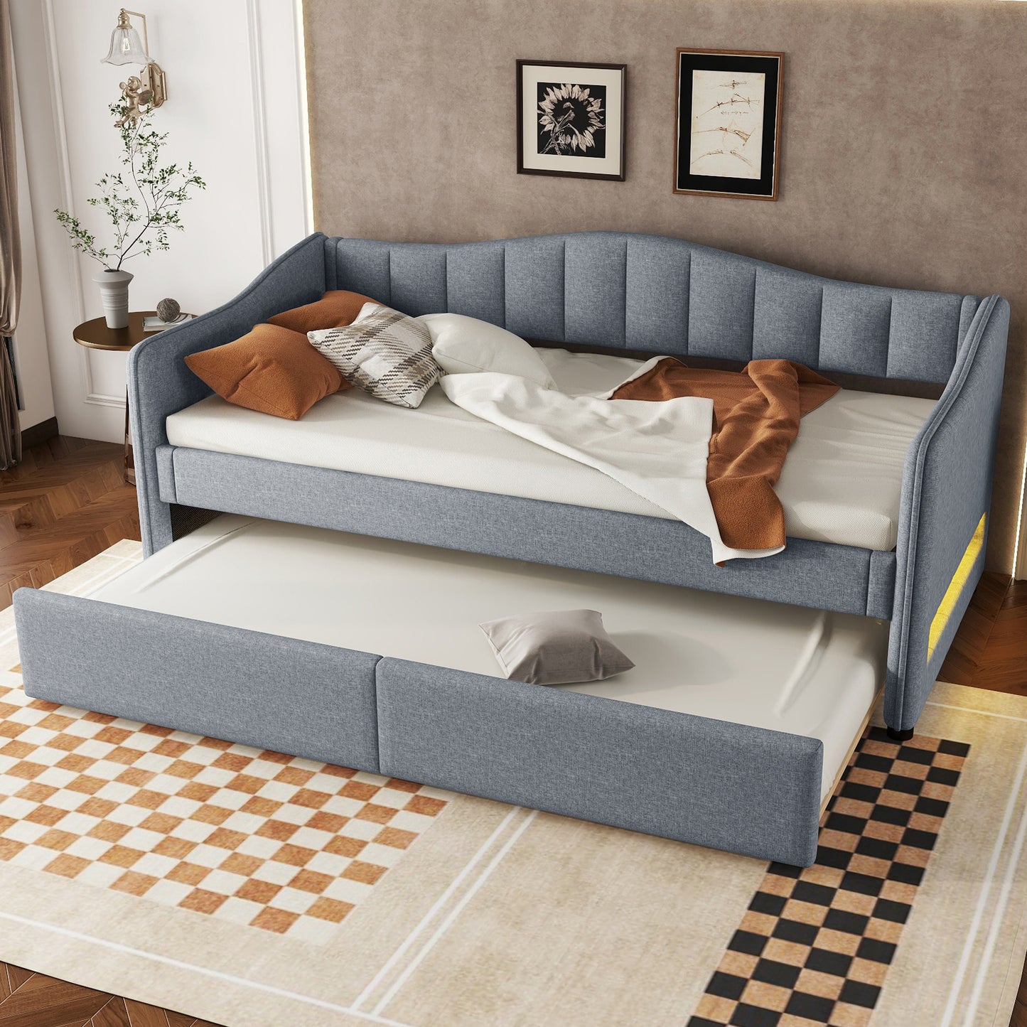 Daybed, 90x200cm Daybed With Pull-Out Bed, Sofa Bed, Single Bed Without Mattress , Ambient Light Design, Linen, Minimalist Styling, Grey