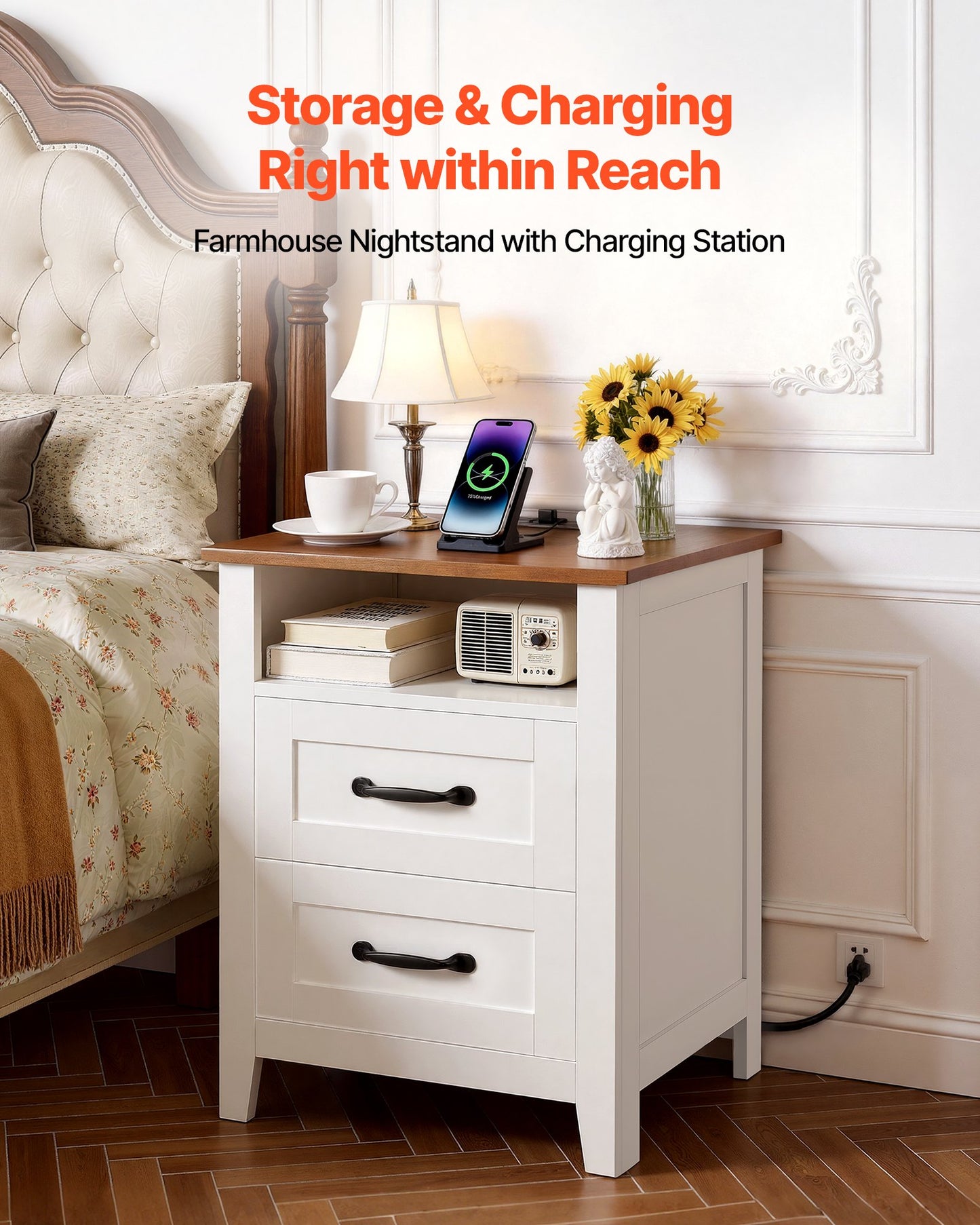 Farmhouse Nightstands, With Charging Station, Set Of 2, End Tables With 2 Drawers And Open Shelf, Bedside Storage Cabinets, Rustic Side Tables With USB Port, For Bedroom, Living Room, White