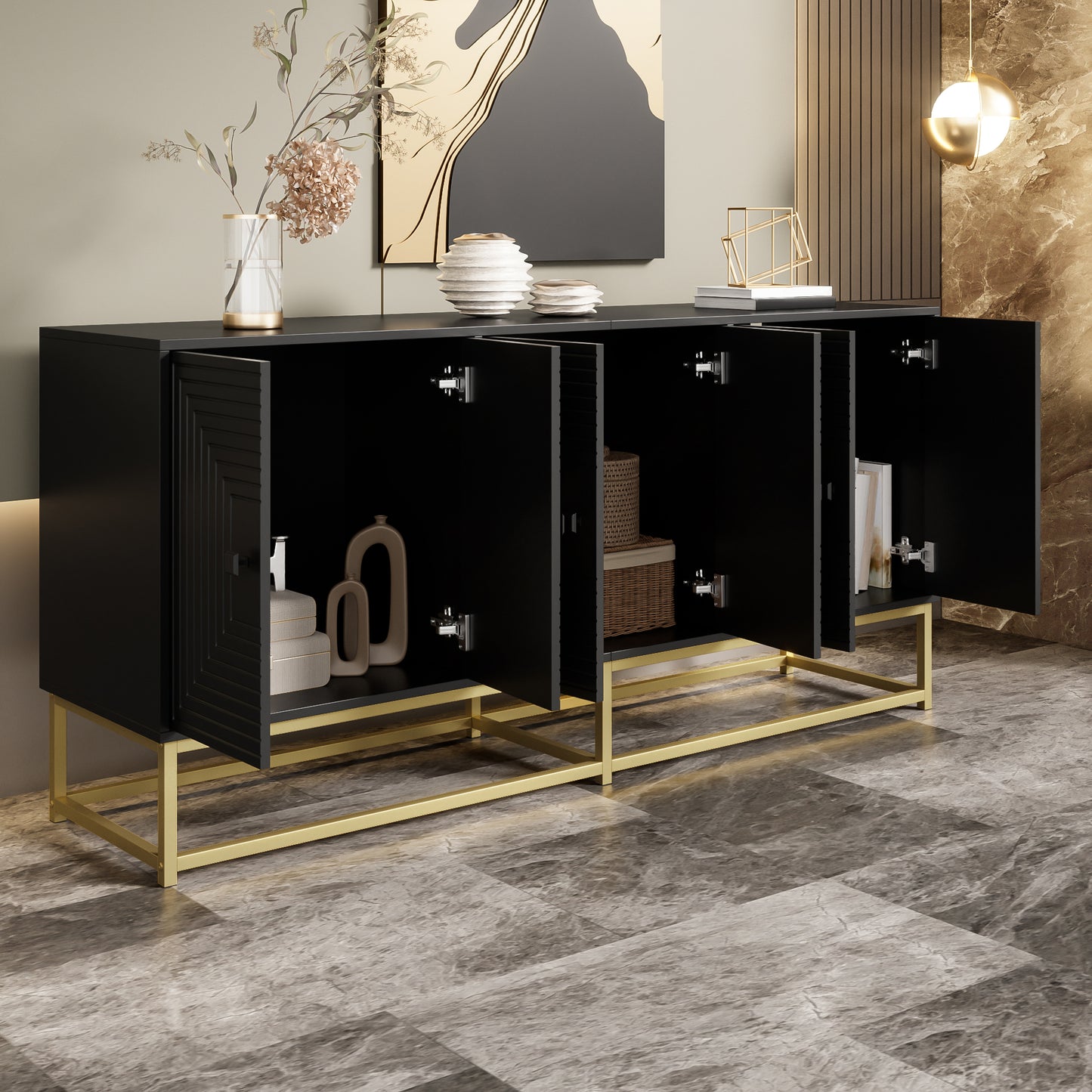 Modern Black Storage Cabinet With 3 Double Doors, Large Storage Space And Matt Surface   Stylish Sideboard Cabinet For Living Room, Dining Room & Office, Practical Organization In Everyday Life